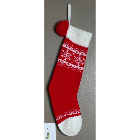 Vtg Christmas Stocking Knit Snowflake Fairisle Pompom Holiday Decor Cozy Hearth - Picture 3 of 5